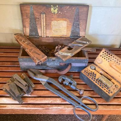 LOT 217: Vintage / Antique Tools - Metal Stamping, Wiss Shears / Cutters, Pexto / Kraeuter Rivet Burr Tools, Copper Chains, Molding Plane...