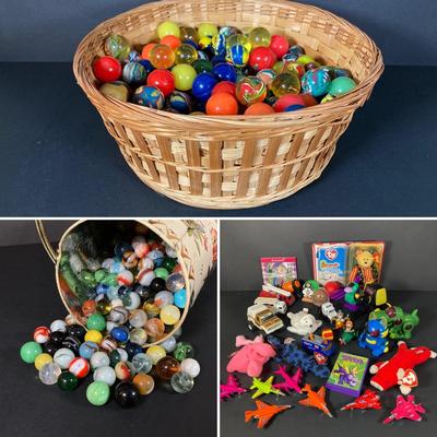 LOT 218: Vintage Toys - Marbles, Bouncy Superballs, Buddy L, Beanie Babies, McDonald's, American Girl Book and More