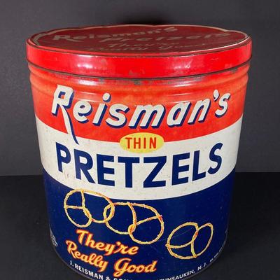 LOT 219: Vintage Tin Collection - Reisman's Thin Pretzels, Valleybrook Farms, Swiss Colony, Supreme Pure Cane Sugar Sack and More
