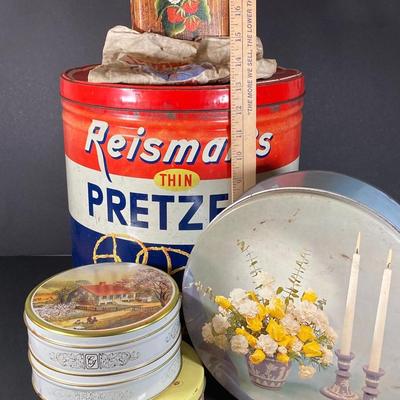 LOT 219: Vintage Tin Collection - Reisman's Thin Pretzels, Valleybrook Farms, Swiss Colony, Supreme Pure Cane Sugar Sack and More