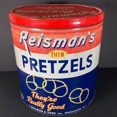 LOT 219: Vintage Tin Collection - Reisman's Thin Pretzels, Valleybrook Farms, Swiss Colony, Supreme Pure Cane Sugar Sack and More