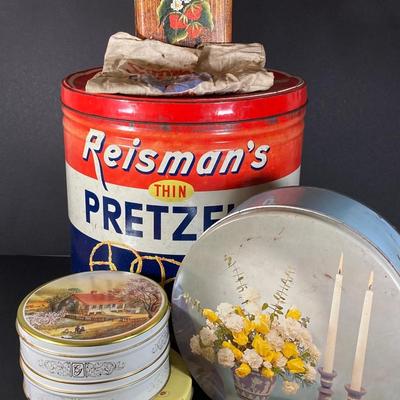 LOT 219: Vintage Tin Collection - Reisman's Thin Pretzels, Valleybrook Farms, Swiss Colony, Supreme Pure Cane Sugar Sack and More