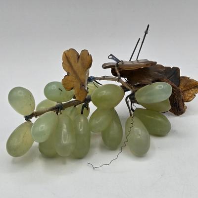 LOT 5X: Vintage Asian Carved Stone Grapes With Leaves, Metal Sculptures, and Signed Hand-Made Clay Vase