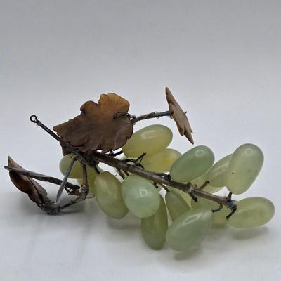 LOT 5X: Vintage Asian Carved Stone Grapes With Leaves, Metal Sculptures, and Signed Hand-Made Clay Vase