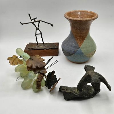 LOT 5X: Vintage Asian Carved Stone Grapes With Leaves, Metal Sculptures, and Signed Hand-Made Clay Vase
