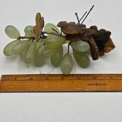 LOT 5X: Vintage Asian Carved Stone Grapes With Leaves, Metal Sculptures, and Signed Hand-Made Clay Vase