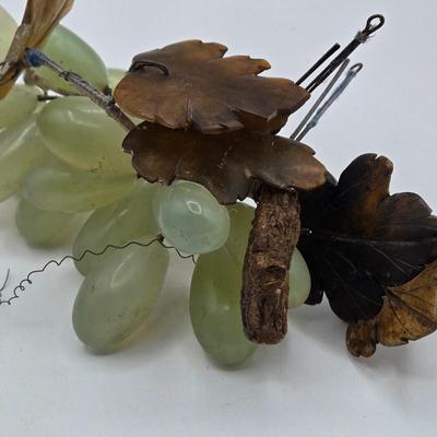 LOT 5X: Vintage Asian Carved Stone Grapes With Leaves, Metal Sculptures, and Signed Hand-Made Clay Vase