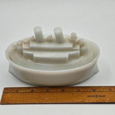 LOT 7X: Antique Milk Glass Battleship , Vintage Sailing Ship Cast Iron Bookend, and Two Vases