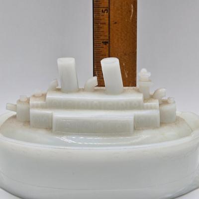 LOT 7X: Antique Milk Glass Battleship , Vintage Sailing Ship Cast Iron Bookend, and Two Vases