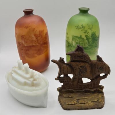 LOT 7X: Antique Milk Glass Battleship , Vintage Sailing Ship Cast Iron Bookend, and Two Vases