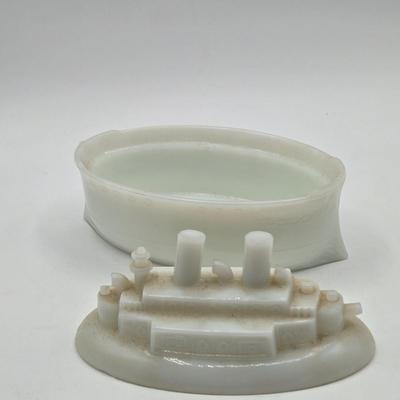 LOT 7X: Antique Milk Glass Battleship , Vintage Sailing Ship Cast Iron Bookend, and Two Vases