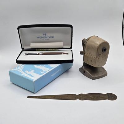 LOT 12X: Wedgewood Jasperware Brown Ballpoint Pen, Vintage Berol Apsco Pencil Sharpener, and Vintage Brass Envelope Opener From "...