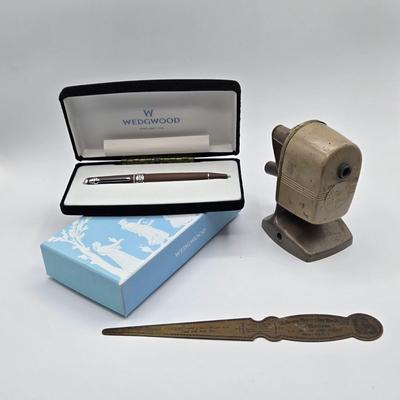 LOT 12X: Wedgewood Jasperware Brown Ballpoint Pen, Vintage Berol Apsco Pencil Sharpener, and Vintage Brass Envelope Opener From "...