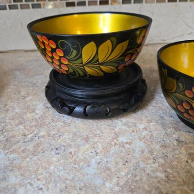 LOT 31K: Russian Khokhloma Lacquer Box, Japanese Handpainted Bowl, 2 Russian Lacquer Wooden Bowls, 2 Stone Carved Elephants , and Serving...