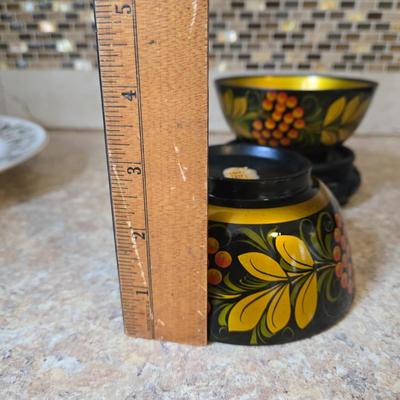 LOT 31K: Russian Khokhloma Lacquer Box, Japanese Handpainted Bowl, 2 Russian Lacquer Wooden Bowls, 2 Stone Carved Elephants , and Serving...