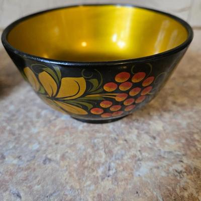 LOT 31K: Russian Khokhloma Lacquer Box, Japanese Handpainted Bowl, 2 Russian Lacquer Wooden Bowls, 2 Stone Carved Elephants , and Serving...