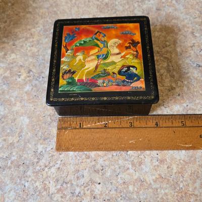 LOT 31K: Russian Khokhloma Lacquer Box, Japanese Handpainted Bowl, 2 Russian Lacquer Wooden Bowls, 2 Stone Carved Elephants , and Serving...