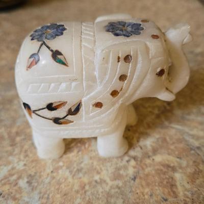 LOT 31K: Russian Khokhloma Lacquer Box, Japanese Handpainted Bowl, 2 Russian Lacquer Wooden Bowls, 2 Stone Carved Elephants , and Serving...