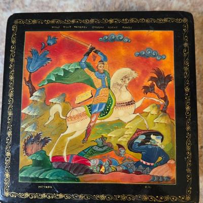 LOT 31K: Russian Khokhloma Lacquer Box, Japanese Handpainted Bowl, 2 Russian Lacquer Wooden Bowls, 2 Stone Carved Elephants , and Serving...