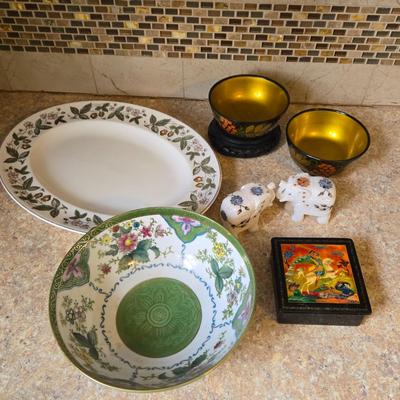 LOT 31K: Russian Khokhloma Lacquer Box, Japanese Handpainted Bowl, 2 Russian Lacquer Wooden Bowls, 2 Stone Carved Elephants , and Serving...