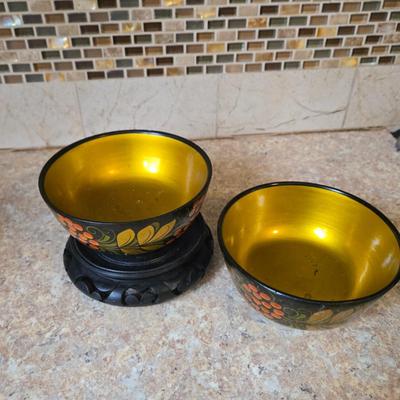 LOT 31K: Russian Khokhloma Lacquer Box, Japanese Handpainted Bowl, 2 Russian Lacquer Wooden Bowls, 2 Stone Carved Elephants , and Serving...