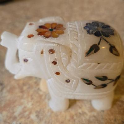 LOT 31K: Russian Khokhloma Lacquer Box, Japanese Handpainted Bowl, 2 Russian Lacquer Wooden Bowls, 2 Stone Carved Elephants , and Serving...