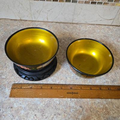 LOT 31K: Russian Khokhloma Lacquer Box, Japanese Handpainted Bowl, 2 Russian Lacquer Wooden Bowls, 2 Stone Carved Elephants , and Serving...