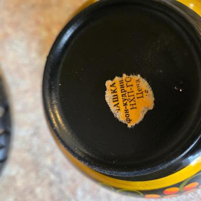 LOT 31K: Russian Khokhloma Lacquer Box, Japanese Handpainted Bowl, 2 Russian Lacquer Wooden Bowls, 2 Stone Carved Elephants , and Serving...