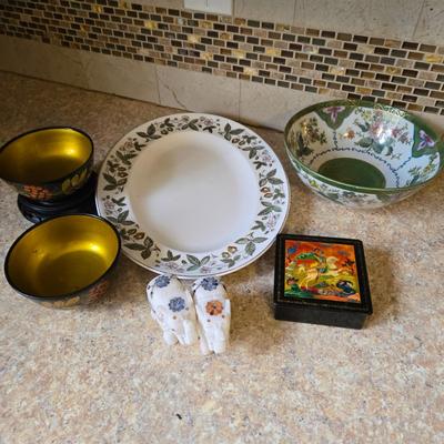 LOT 31K: Russian Khokhloma Lacquer Box, Japanese Handpainted Bowl, 2 Russian Lacquer Wooden Bowls, 2 Stone Carved Elephants , and Serving...