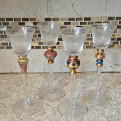 LOT 34K: Set of 12 Pasabahce Circle Art of Glass Gold Rim Glasses, Set of 7 Fostoria Classic Gold Water Goblets, and Set of 4 Artland...