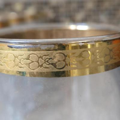 LOT 34K: Set of 12 Pasabahce Circle Art of Glass Gold Rim Glasses, Set of 7 Fostoria Classic Gold Water Goblets, and Set of 4 Artland...