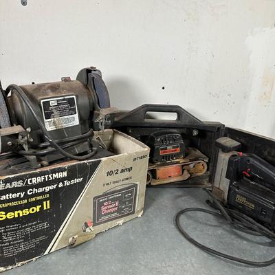 LOT 154G: Craftsman Power Tools & Battery Charger - Bench Grinder, Belt Sander & Auto Scroller Saw