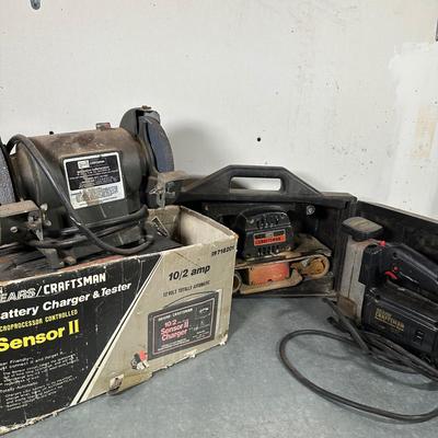 LOT 154G: Craftsman Power Tools & Battery Charger - Bench Grinder, Belt Sander & Auto Scroller Saw
