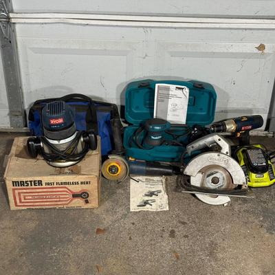 LOT 156G: Power Tools - Makita Random Orbit Sander, Ryobi Drill, Router & More