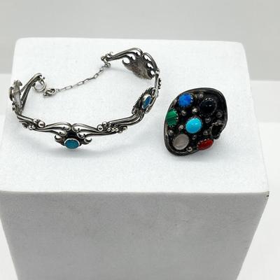 LOT 161J: Sterling Silver Turquoise Bracelet and Ring - Size 7