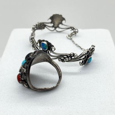 LOT 161J: Sterling Silver Turquoise Bracelet and Ring - Size 7