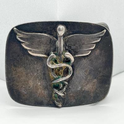 LOT 163J: Vintage Sterling Silver Medical Belt Buckle - 44.9 Grams