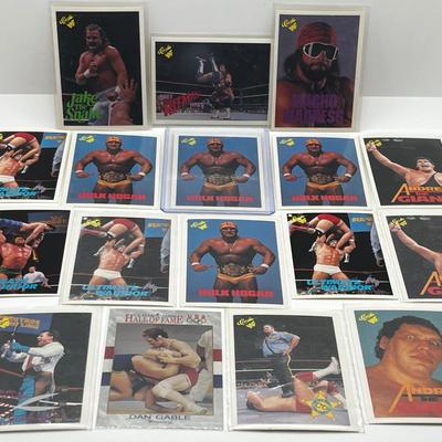 LOT 180J: Vintage Wrestling Cards: Jake the Snake, Bret the Hitman Hart, Macho Man Randy Savage, Hulk Hogan, Andre the Giant and More
