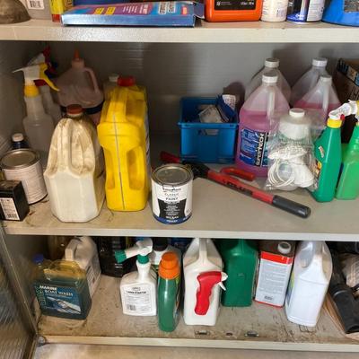 Lot 420 third shelf of metal cabinet - window cleaner, anit-freeze
