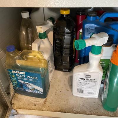 Lot 421 bottom shelf - outdoor / garden liquids and supplier, varnish, stain stripper