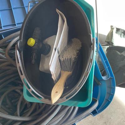 Lot 430 fishing waders, yard hoses and numerous sprinklers