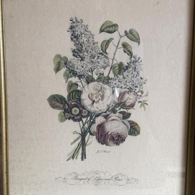 Framed Artwork, “Iris, Roses and Narcissus” and “Bouquet of Lilacs and Roses” by J.L. Prevost