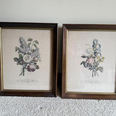 Framed Artwork, “Iris, Roses and Narcissus” and “Bouquet of Lilacs and Roses” by J.L. Prevost