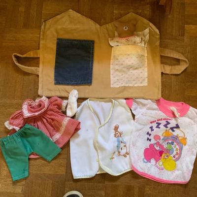 Vintage wooden cradle for toddler and doll. Includes matching nightgown and blanket.