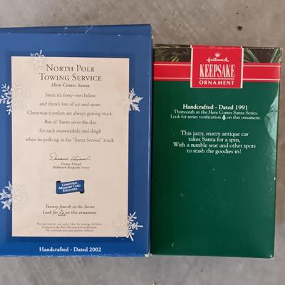 HALLMARK ORNAMENTS W/SANTA IN THE DRIVERS SEAT PLUS SANTAS BOOTS FROM DILLARDS