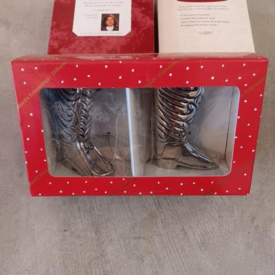 HALLMARK ORNAMENTS W/SANTA IN THE DRIVERS SEAT PLUS SANTAS BOOTS FROM DILLARDS