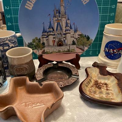 Disney plate, UND, cups and ashtray souvenirs