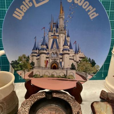 Disney plate, UND, cups and ashtray souvenirs
