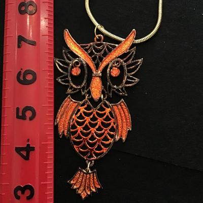 Vintage Large Burnt Orange Enamel Owl Necklace