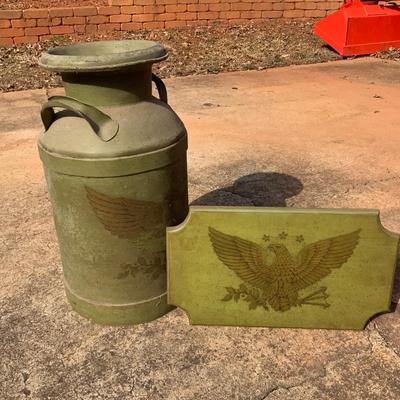 Antique milk can with painted American Eagle and matching wall decor